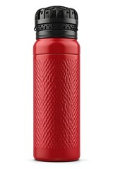 Red water bottle with textured design.