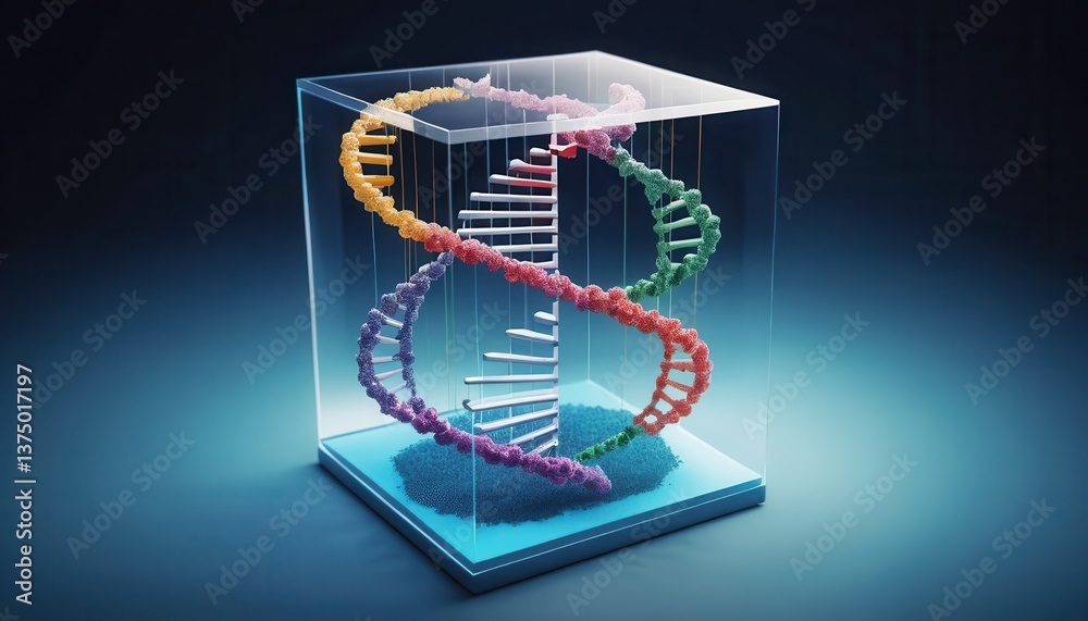 Poster Colorful DNA Helix Model in Transparent Cube with Soft Lighting