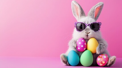 Fototapeta premium Cute bunny in purple sunglasses with polka dot and heart-decorated Easter eggs on pink background. Ideal for Easter marketing, festive cards, spring ads, and branding
