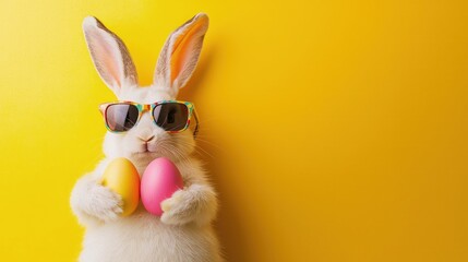 Obraz premium Trendy white bunny in colorful sunglasses holding pastel Easter eggs on yellow background. Great for Easter promotions, vibrant ads, spring campaigns, and festive designs