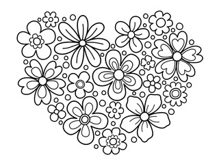 Set of flowers, thick black outlines for coloring book coloring page doodle art in white background. flower in heart.