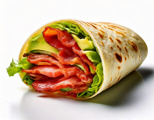 Bacon avocado wrap close-up on a white background, Healthy meal, Low carb and high protein