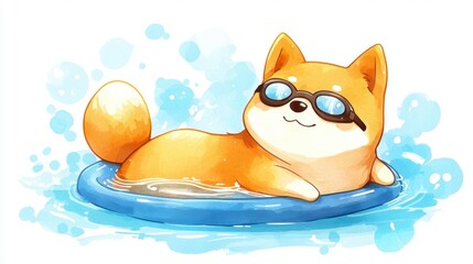 Fototapeta premium Shiba Inu Dog in Swimming Pool with Float