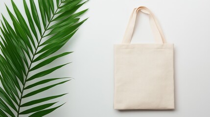 Beige tote bag on a white background. the bag is made of a light-colored fabric and has two handles on the top. on the left side of the image, there is a close-up of a green palm leaf.