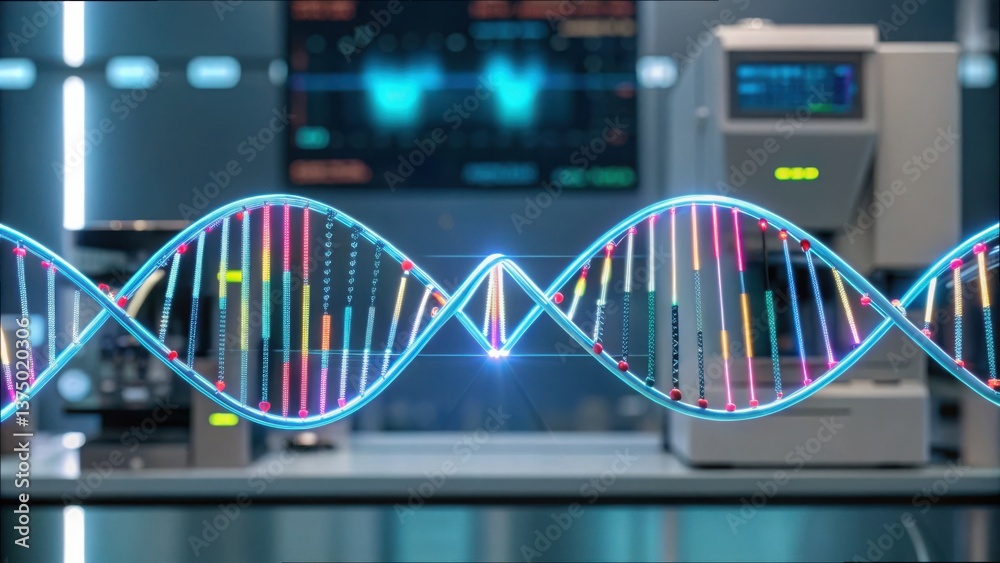Poster High-Tech DNA Strand Overlay with Data Chart Elements in Lab