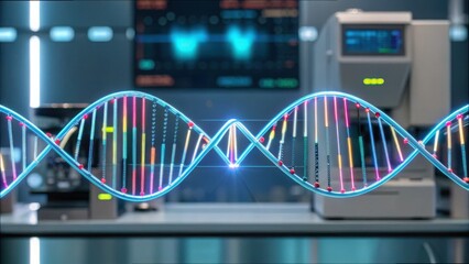 High-Tech DNA Strand Overlay with Data Chart Elements in Lab