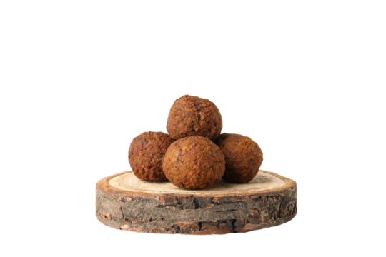 PNG falafel on wooden board isolated on white background.