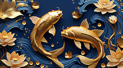 Obraz premium High-Detail Decorative Koi with Gold Texture and Artistic Waves