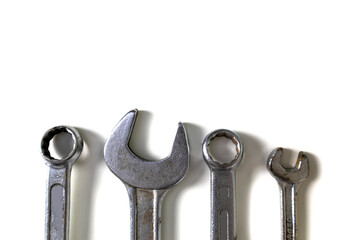 Set of tools and equipment, screwdrivers of various sizes, hammer and blower on white background.