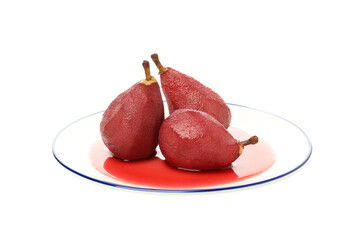 PNG, Pears in wine on plate, isolated on white background