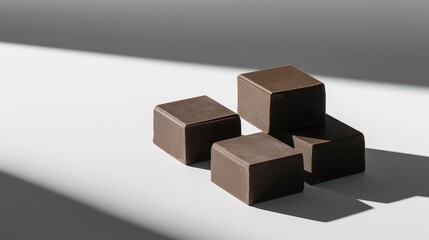 Four small cubes of chocolate arranged in a pyramid-like formation on a white surface. the cubes are dark brown in color and appear to be made of a smooth, glossy material.