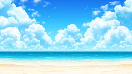 Obraz premium serene beach scene with fluffy clouds and clear blue skies