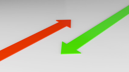 Green arrow pointing up and red arrow pointing down on a light gray background,Business Finance Rising Prices and Assets,3D rendering
