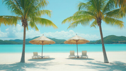 serene beach scene with palm trees and umbrellas