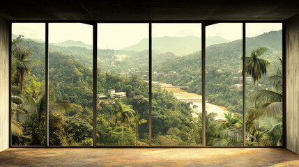 Naklejka premium serene view of lush greenery through large windows