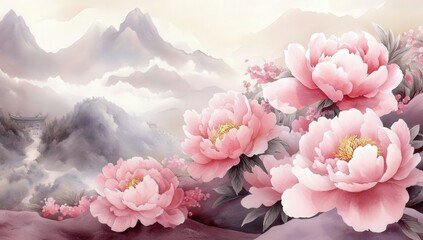 Pink Peony Blossoms in a Misty Mountain Landscape