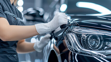 Car detailing process auto workshop photo series indoor environment close-up view vehicle maintenance techniques