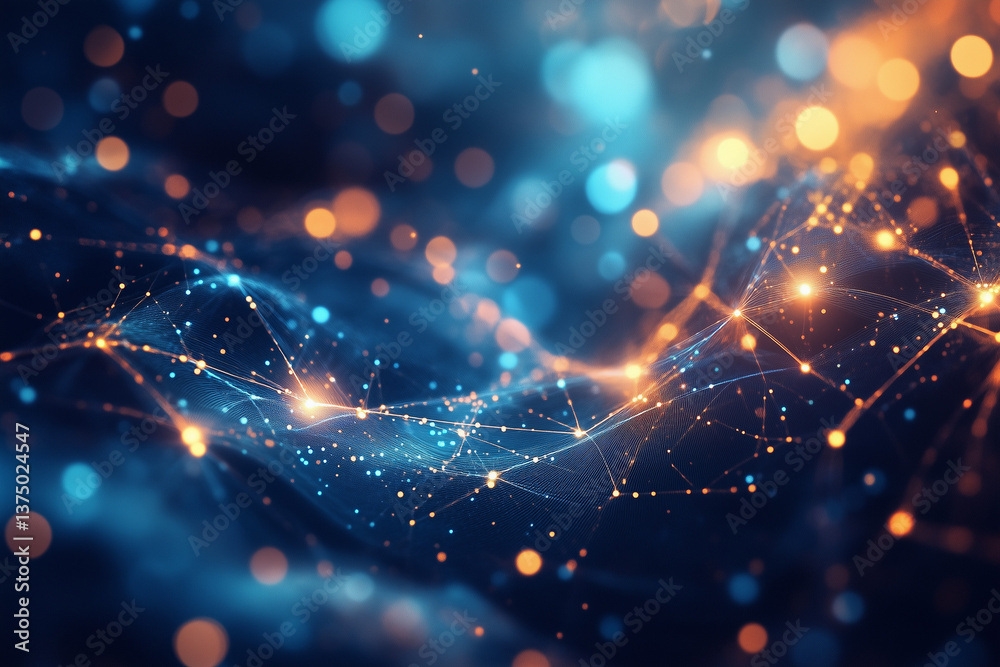 Poster exploring abstract network connecting dots with glowing lines and bokeh effect