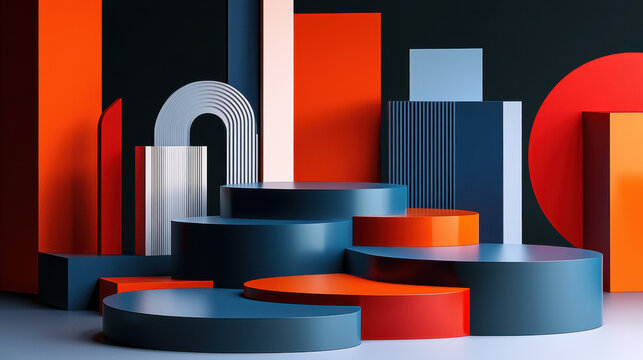 vibrant display of geometric shapes and colors creates artistic podium that captivates viewer attention. interplay of red, blue, and white elements enhances visual appeal