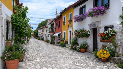 Fototapeta premium Charming cobblestone street lined with colorful houses adorned with flowers and greenery