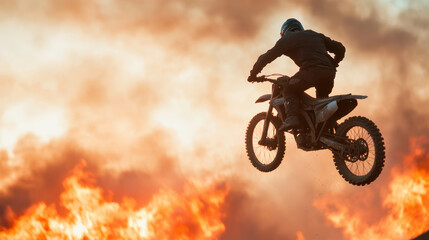 motorcycle rider performs extreme jump over flames, showcasing thrilling stunts
