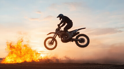 Naklejka premium Extreme motorcycle stunt rider performing jump over flames sunset, showcasing thrilling action
