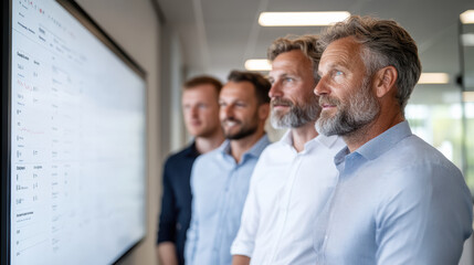 Team members engaged in discussion about objectives and key results, analyzing data on screen