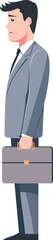 Naklejka premium Businessman standing with a briefcase in a formal suit during a moment of contemplation cartoon isolated on transparent background. Vector illustration.