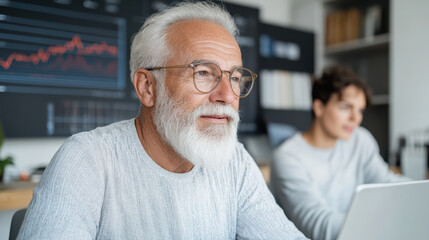 Experienced professional engaged in collaborative work environment, analyzing data trends