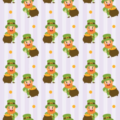 Cheerful cartoon leprechauns standing next to pots of gold with scattered coins, set on a purple striped repeating background