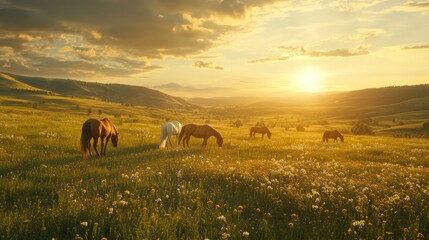 Hyper-realistic 4K shot of wild horses grazing in a beautiful highland meadow with rolling hills, wildflowers in bloom, and a golden sunset casting long shadows over the landscape. 