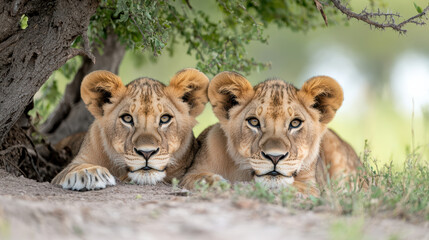 Obraz premium Two young lions resting peacefully under tree, showcasing their playful yet serene expressions