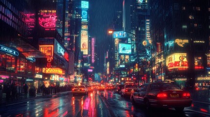 Night shots of cities illuminated by streetlights and neon signs. 