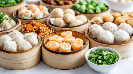 Delicious dim sum spread featuring various dumplings and garnishes, perfect for sharing
