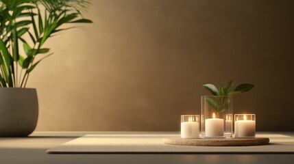 Modern living room with a beige wall in the background. on the left side of the image, there is a large potted plant with green leaves.