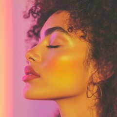 Obraz premium Sunset Serenity Gen Z Wellness Portrait with Chromatic Glow - Mindful Self-Care Aesthetic for Digital Wellness Branding and Emotional Resilience