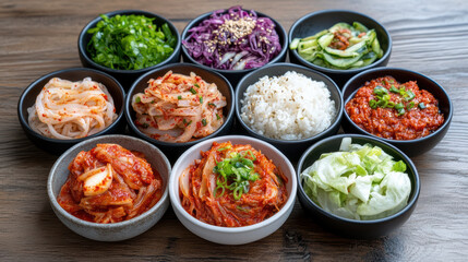 vibrant kimchi tasting platter featuring various side dishes, including vegetables and rice