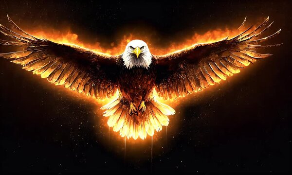 A majestic eagle soars, its wings ablaze with golden light, emanating power in a dark, enchanting sky