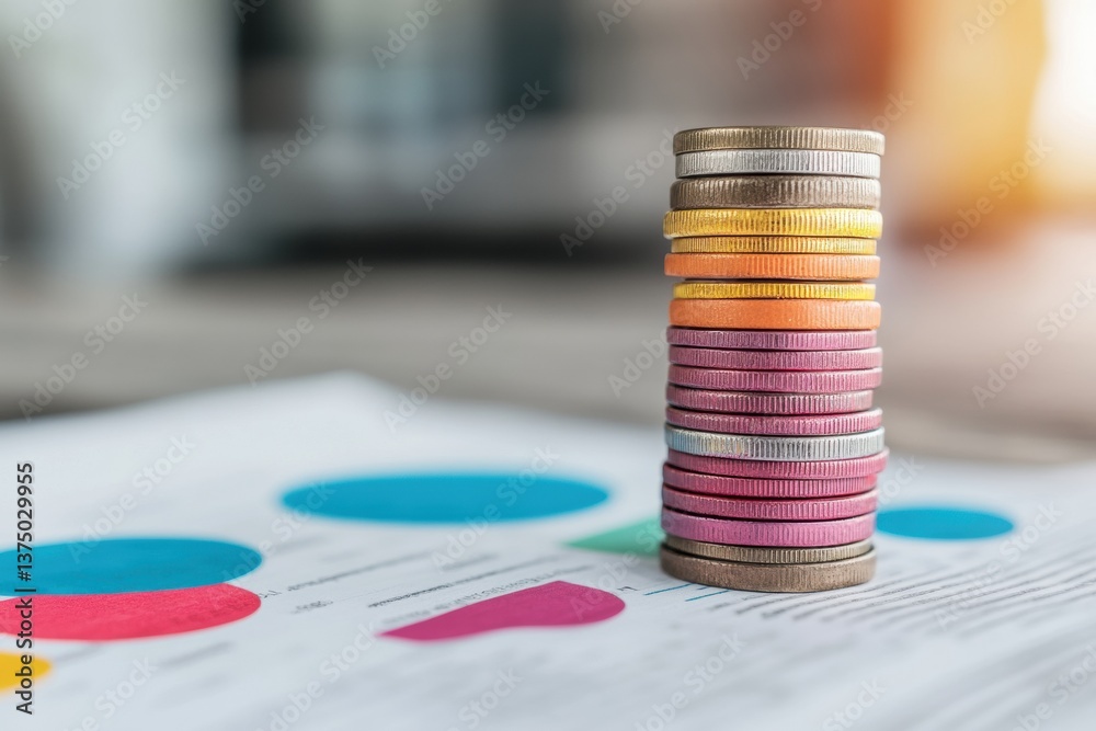 Fototapete Gradient Wealth Visualization Minimalist Financial Strategy Modeling with Metallic Stacked Coins and Vibrant Analytics - Next-Gen Investment Planning Insights