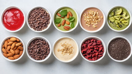 Colorful bowls filled with various toppings and ingredients, perfect for healthy snacks