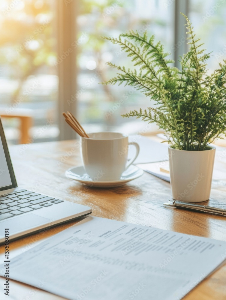 Poster Mindful Productivity Landscape Minimalist Workspace with Botanical Wellness Elements - Digital Nomads Sustainable Remote Work Aesthetic for Creative Entrepreneurs