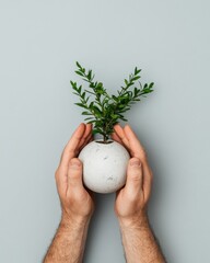 Sustainable Growth Metaphor Minimalist Hands Nurturing Eco-Friendly Plant in Textural Concrete Sphere - Biophilic Design and Wellness Innovation Concept