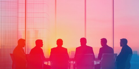 Digital Transformation Horizons Millennial Tech Leaders Silhouetted in Gradient Workspace, Reimagining Collaborative Future of Corporate Innovation