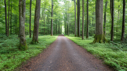 Naklejka premium serene forest pathway surrounded by tall trees and lush greenery invites exploration and