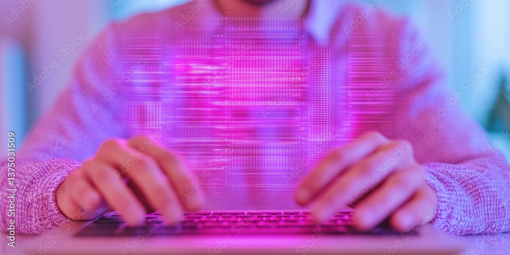 Poster Futuristic AI Interaction Immersive Digital Workspace Visualization with Neon Holographic Interface - Next-Gen Productivity and Tech Innovation for Millennial Professionals