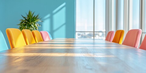 Fototapeta premium Vibrant Collaborative Workspace Modern Minimalist Conference Room with Color-Blocked Ergonomic Chairs Showcasing Creative Design and Inclusive Team Dynamics