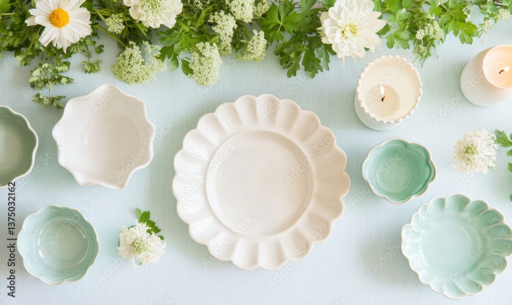 Poster serene cabbage-inspired tablescape soft pastel ceramic dinnerware in ethereal botanical setting - mi