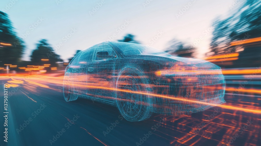 Aufkleber quantum mobility cutting-edge autonomous vehicle visualization in translucent digital wireframe - ne