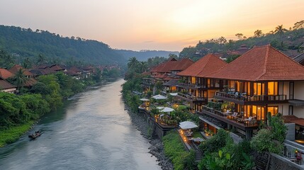 Luxury Riverfront Resort at Sunset in Ubud, Bali