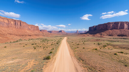 Fototapeta premium vast canyon landscape with winding dirt road, showcasing stunning rock formations and blue skies